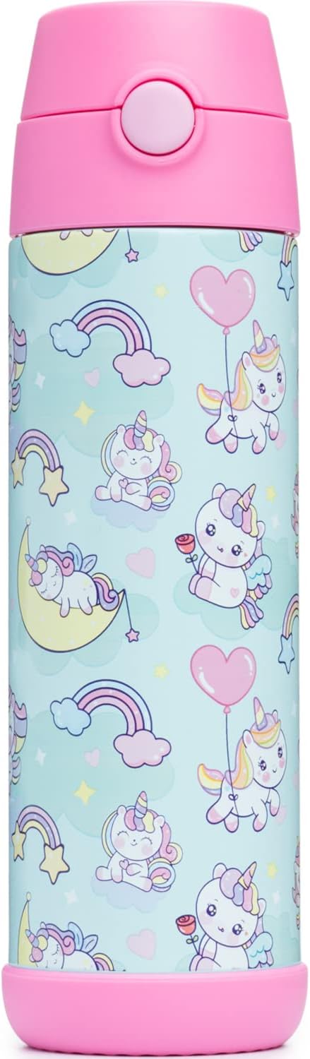 Snug Kids Water Bottle - Insulated Double-Wall Stainless Steel, Leakproof Design - Unicorn, 17oz