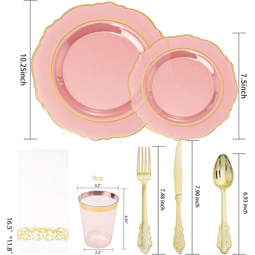KIRE 210Pcs Clear Pink Plastic Plates with Gold Rim - Disposable Pink Plates for Party - 30 for Dinner 30 for Dessert 90 Silverware 30 Napkins 30Cups for Upscale Wedding/Party/Baby Shower/Mother's Day