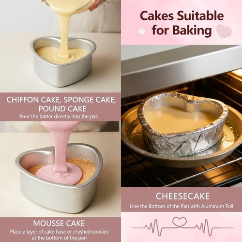 TAOUNOA Heart Shaped Cake Pans 6 Inch and 8 Inch Set of 2 Aluminum Heart Cake Pans with Removable Bottoms for Baking Romantic Desserts