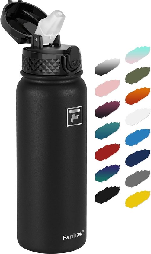 Fanhaw 20 oz Insulated Stainless Steel Water Bottle - Leakproof Straw Lid | Durable Sports Bottle (Black)