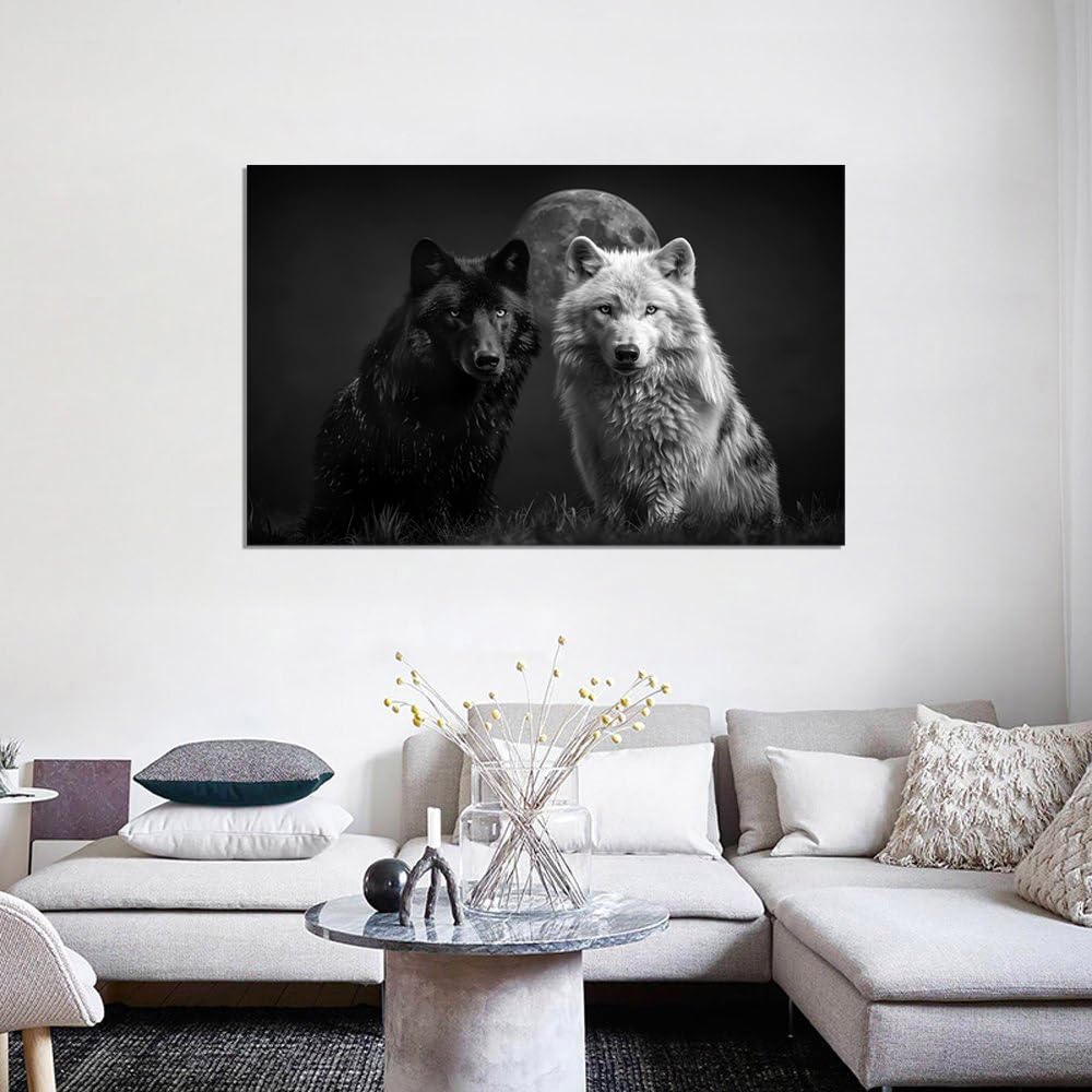 Large Black and White Wolf Wall Art Full Moon and Two Wolf Posters Prints Artwork Modern Wild Animal Pictures Wall Decor Living Room Bedroom Home Office Decor Framed Ready to Hang-28''Wx44''H