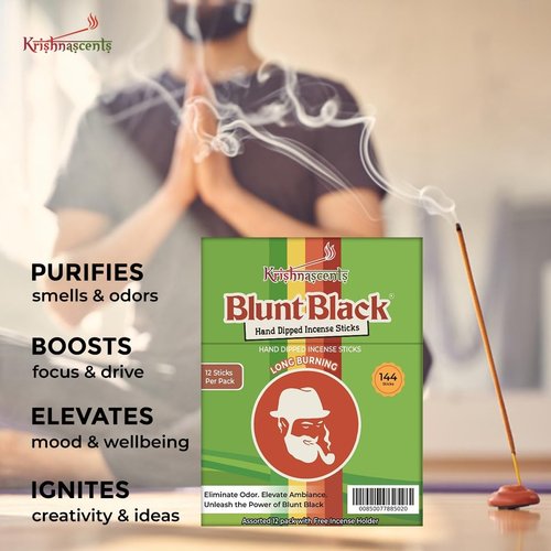 Krishnascents Blunt Black Hand-Dipped Incense Sticks | Premium 144 Packs - 12 Variety Scents, 11" Long | Aromatherapy with Long Burn Time (12 Pack, 144 Total Sticks) I Free Wooden Stick Holder