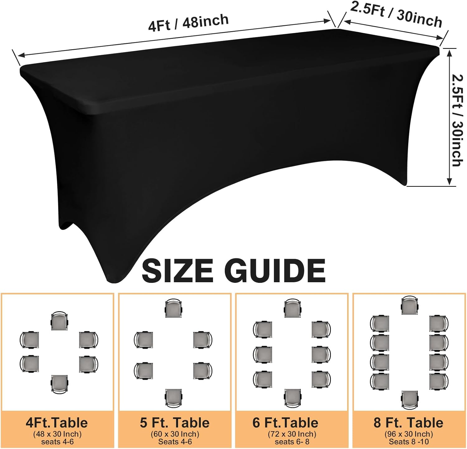 Skiennix 4 Feet Black Spandex Tablecloth - Fitted & Stretch, Washable, Wrinkle Resistant for Events & Parties