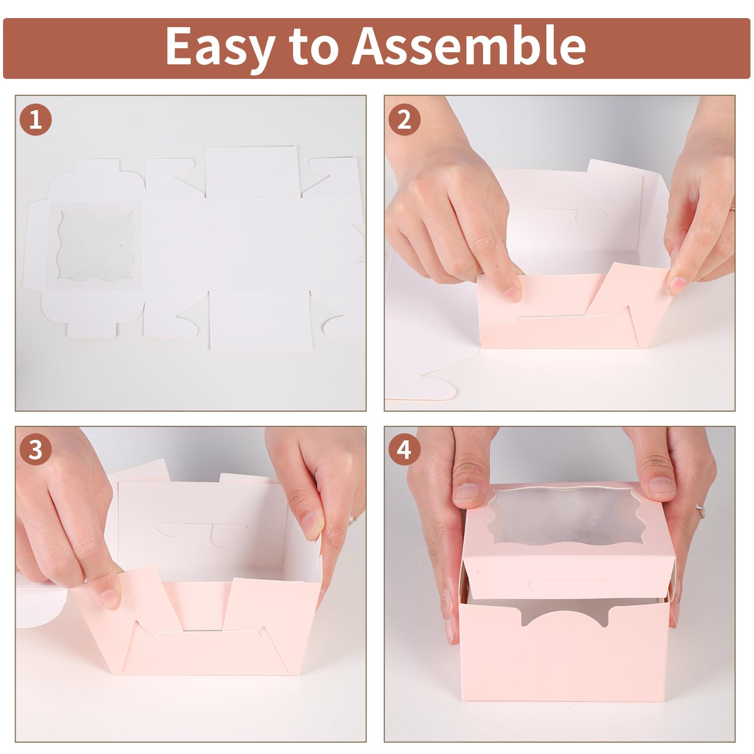 PFAMKEER 25pcs Pink Small Cake Box,4x4x2.5 Inch Bakery Boxes with Window,gift boxes bulk for Mini Cake Pastry Dessert Strawberries Chocolates Cupcakes with Stickers
