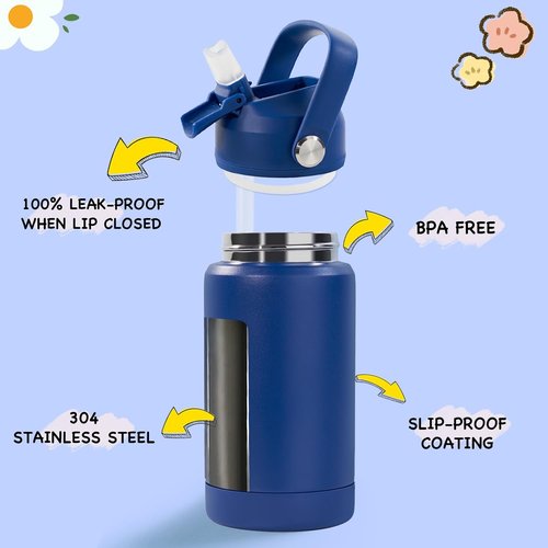 Kerilyn Kids Water Bottle - 12oz Stainless Steel Insulated Cup with Straws | Leak-Proof, BPA-Free, Blue
