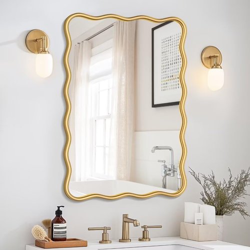 PROHOMEWARE 20 * 28" Gold Wavy Rectangular Vanity Bathroom Mirror for Wall Mounted Bedroom Entryway Living Room Farmhouse