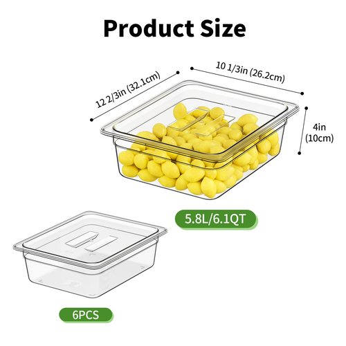 FORITRUE 1/2 4'' 6 Pack Plastic Food Pans With Lids, Clear Food Pan, Commercial Stackable Polycarbonate Freezer-Safe for Fruits Vegetables Restaurant Kitchen