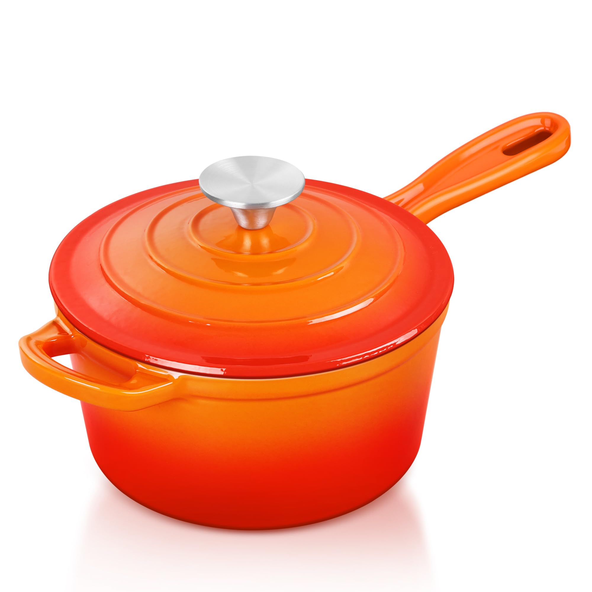 TeamFar 2QT Enameled Cast Iron Sauce Pan, Small Sauce Pot Saucepan with Lid, Mini Dutch Oven for Cooking/Baking/Simmering/Boiling, Sturdy & Nonstick, Oven Safe & Fit for Induction- Orange