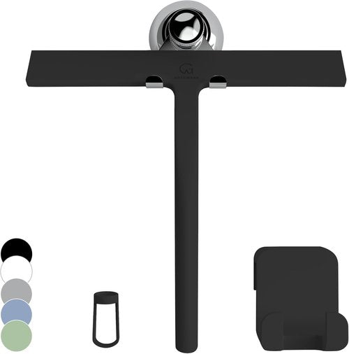GÜTEWERK Silicone Shower Squeegee for Glass Doors & Mirrors with Stainless Steel Core, Streak-Free & No-Squeak Window Cleaning, 3-in-1 No-Drill Mount (Hook/Suction/Adhesive), Black, 9''