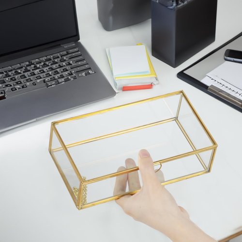 ZEXALOR Clear Glass Decorative Box for Organizing Photos, Jewelry, Small Items - Golden Dresser Drawer Organizer, Transparant Small Storage Bin Container with Lid (Upgrade, 8x4,3x2,3")