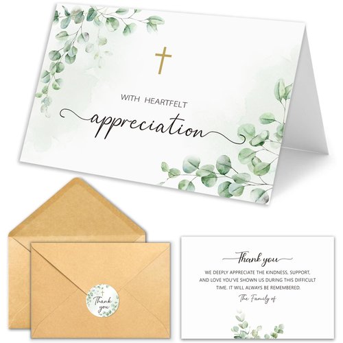 CYGGUN 25 Pcs Funeral Thank You Cards with Envelopes, Bulk 4×6 Sympathy Card Watercolor Eucalyptus Leaves Bereavement Thank You Cards, Message Inside for Funeral Family Friends Loved Ones