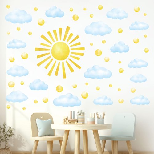 DECOWALL DS12-8079 78pcs Sun Clouds Polka dot Wall Stickers Decals Art Baby Bedroom Boho Classroom décor Living Kids Home Nursery playroom Removable Sunshine Vinyl DIY