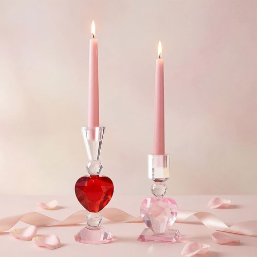 Reallnaive 2 Pcs Heart Cut Glass Candle Holders Valentine's Day Decorative Candlestick Holders 6.7" 8.9" Tapered Candle Stand Wide Base Table Centerpiece Decor for Wedding Christmas Holiday Decoration