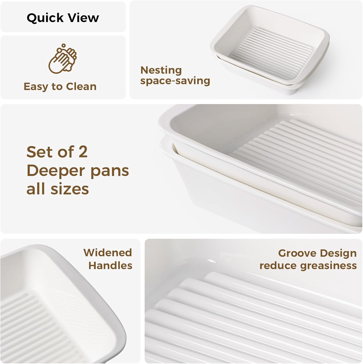 Regine Switzerland 9x13 Baking Dish Set of 2 - Porcelain Casserole Dish with Handles | Deep 3.75 Qt Bakeware, Microwave & Dishwasher Safe, White