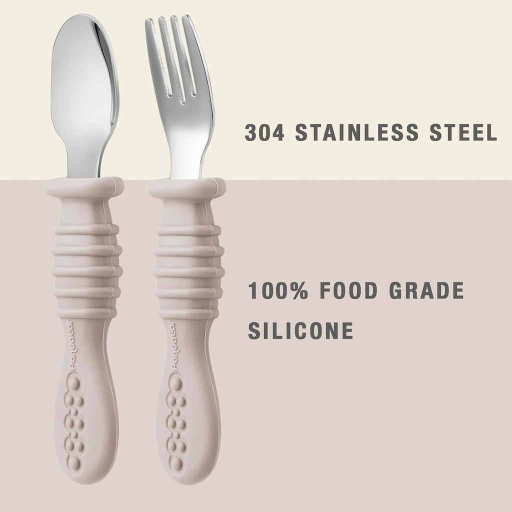 PandaEar Toddler Fork and Spoon Utensil Set - BPA Free Silicone & Stainless Steel | 6 Pack in Walnut, Linen & Brown