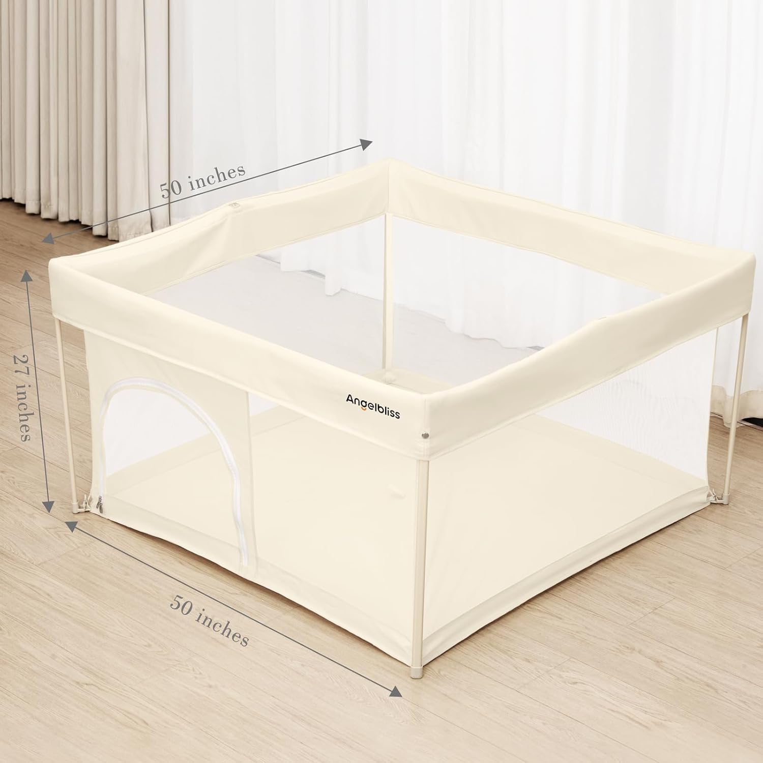 Skiennix Foldable Baby Playpen - Portable 50" x 50" Play Yard with Breathable Mesh & ASTM F406 Certified (Beige)