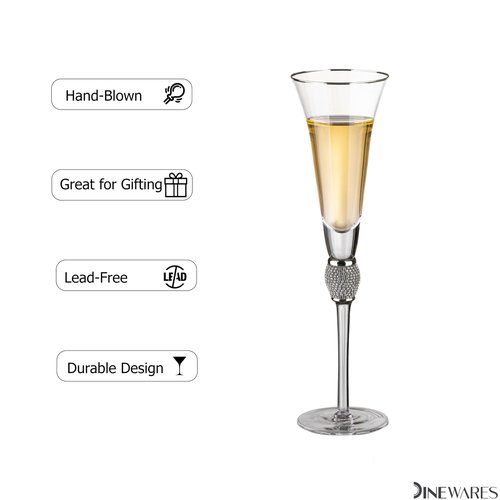 4 Piece Elegant Crystal Set Wedding Champagne Glasses with Diamond Rhinestone Accents and a Polished Gold Rim - 11 in Tall with Slender Long Stems, 7 oz - Chic Toasting Set for the Bride and Groom