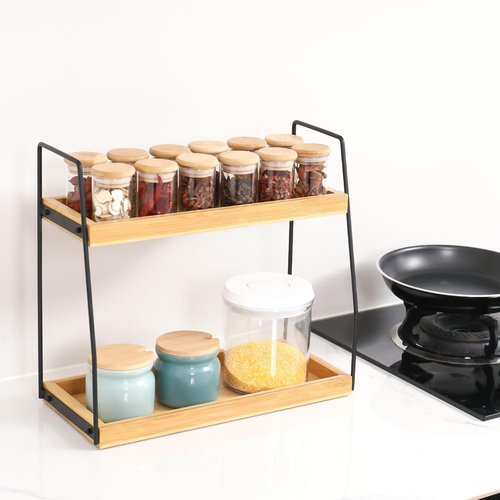 ZOBONETI Bamboo Bathroom Counter Organizer, Wooden Bathroom Sink Countertop Organizer, 2 Ties Vanity Counter Top Shelf, Dresser Skincare Storage Rack