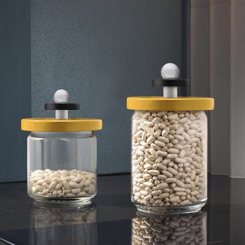Alessi Mr. Sottsass I Suppose ES16 / 75 1- Design Hermetic Glass Jar with Beech Wood Lid, Yellow, Black and White