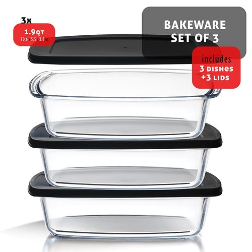 Nestl Set of 3 Glass Bread Loaf Pans for Baking Bread Pans for Homemade Breads, Glass Food Storage Containers with Lids, Glass Baking Dishes for Oven, Pound Cake Pan, Loaf Pan, 1.9 Quart