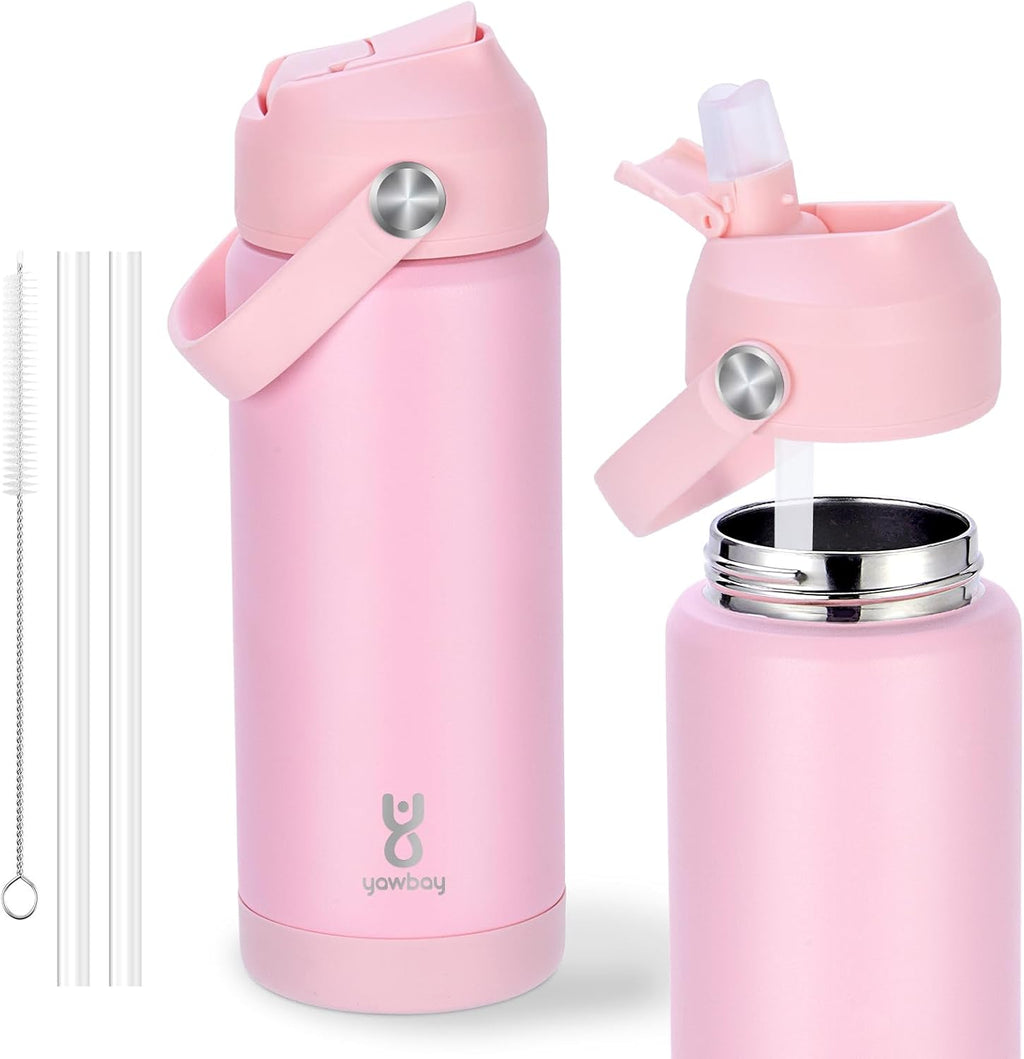 Skiennix 18oz Kids Insulated Water Bottle - Leak Proof Straw Lid & Silicone Handle | Light Pink