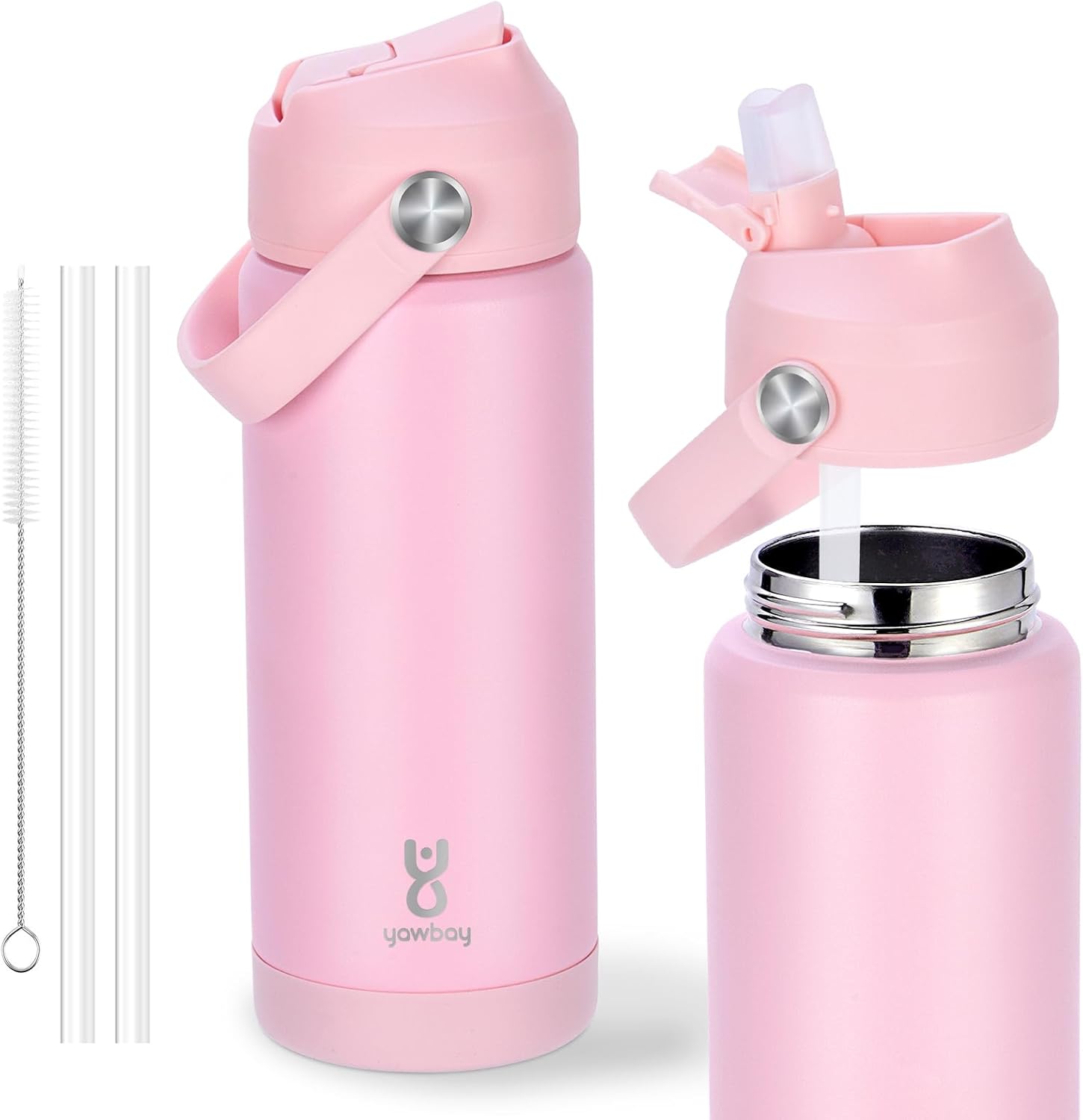 Skiennix 18oz Kids Insulated Water Bottle - Leak Proof Straw Lid & Silicone Handle | Light Pink
