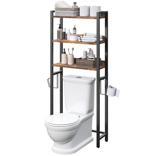 MAHANCRIS Over The Toilet Storage Rack, 3 Tier Bathroom Organizer Over Toilet, Freestanding Space Saver Toilet Stand with 2 Hooks, Bathroom Storage Shelf, Easy to Assemble, Rustic Brown TSHR6001