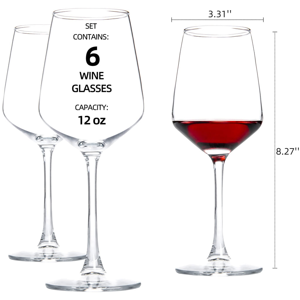 HAKEEMI Red/White Wine Glasses Set of 6, 12 oz Clear Wine Glasses with Stem, Dishwasher Safe