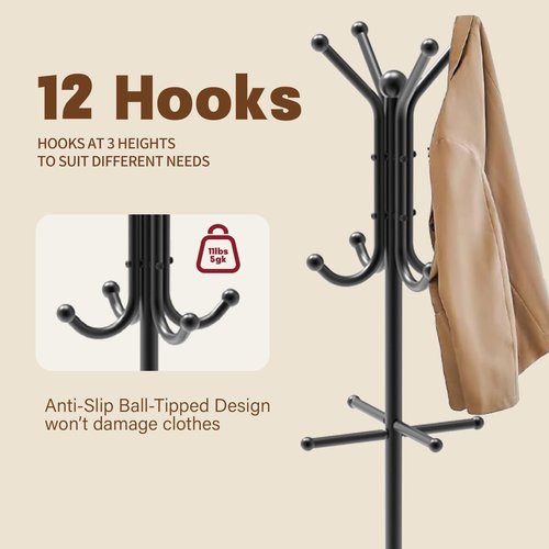 SMLZBJC Coat Rack with Umbrella Holder, Coat Rack Freestanding, Metal Coat Tree with 12 Hooks, Modern Coat Hanger Stand for Entryway Living Room Bedroom Office
