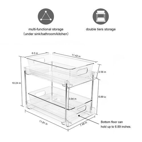 2 Pack Under Sink Organizer, 2 Tier Clear Bathroom Organizers and Storage, Pull-Out Medicine Cabinet Organizer, Multi-Purpose Cabinet Organizer with Track for Bathroom, Kitchen, Pantry, Vanity Storage