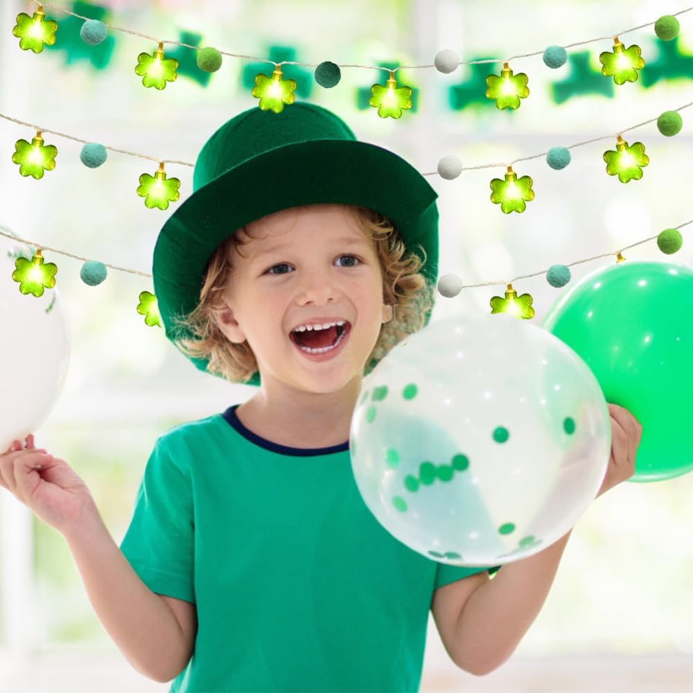 Skiennix St. Patrick's Day Garland Lights - 20 LED Shamrock Pompoms with Timer | 9.85ft Green Decor