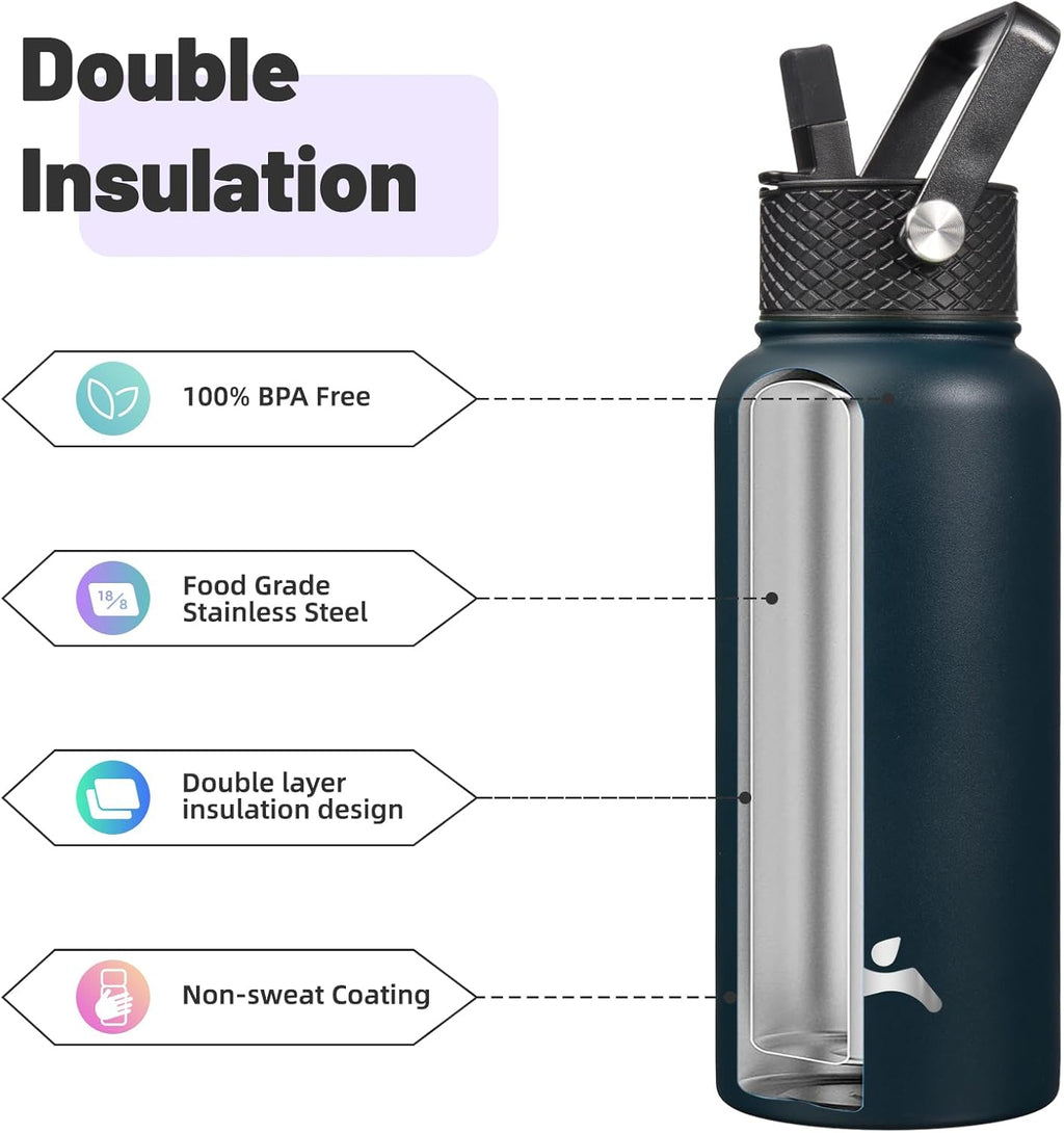 Skiennix 32 Oz Insulated Stainless Steel Water Bottle - Versatile Sport Bottle with 3 Lids | Navy Blue