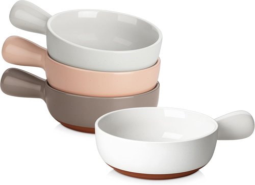 MALACASA 23 Oz French Onion Soup Bowls - Durable Ceramic Crocks with Handles | Set of 4, Multicolor