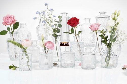 16 Pack Glass Bud Vases for Centerpieces - Bulk Small Flower Vases Set of 16, Mini Vintage Vases, 4 Styles for Party, Wedding Decorations, Baby Shower, Home Table Flower Décor (Clear)