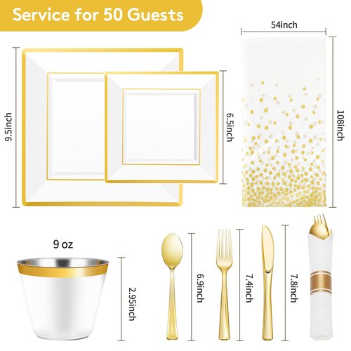 Goodluck 352 Pieces Gold Dinnerware Set for 50 Guests, Thanksgiving Square Plastic Plates with Gold Trim, Include: 100 Plastic Plates, 50 Rolled Napkins, 50 Cups, 50 Cutlery Set and 2 Tablecloth