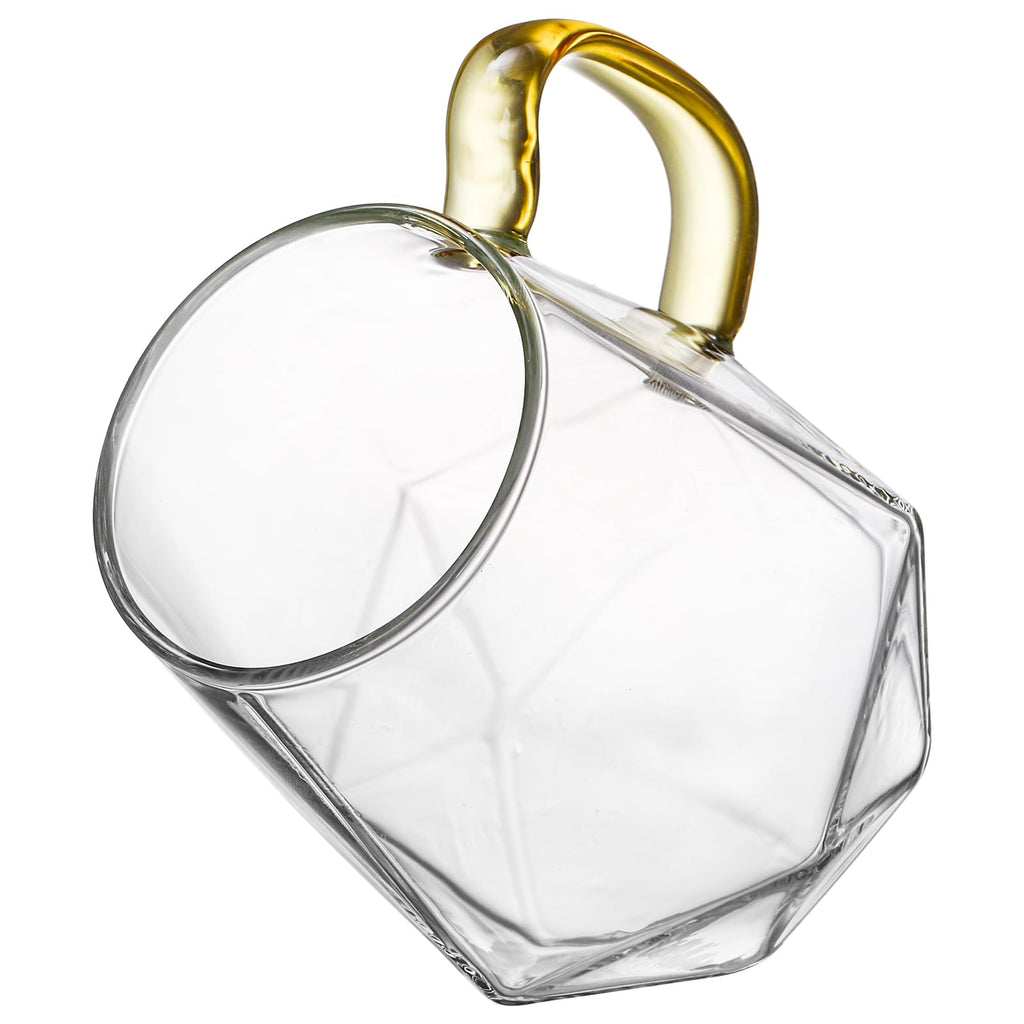 WRINGKIT Set of 4 Glass Espresso Cups, 10 Oz Clear Glass Tea Mugs with Handle, Diamond Shape Espresso Liquor Drinking Mugs for Latte, Cappuccino, Juice, Milk, Beverages, Lightweight