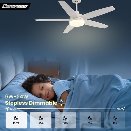 Conciseer 52 Inch Ceiling Fans with Lights, Remote Control 5 Blade Ceiling Fan for Bedroom Living Room Kitchen,24W 3CCT Dimmable, Dual Color 6 Speed Reversible Quiet DC Motor White/Wood Grain