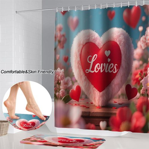 DDS-DUDES Valentine Shower Curtain Set for Bathroom, Wedding,Happy Valentine's Day Gnomes by Bike Waterproof Bath Curtain, Eiffel Tower Fabric Shower Curtains with Hooks 71x71 inches