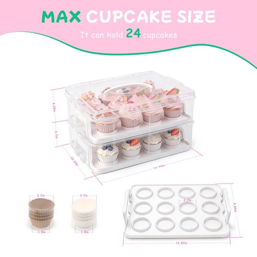 Cupcake Carrier, Cupcake Holder With Lid And Handles, 2-Layer Cupcakes Containers, 24 count Reusable Cupcake Box, Cupcake transport container With Portable Insulated Bag and 200Pcs Cupcake Liners