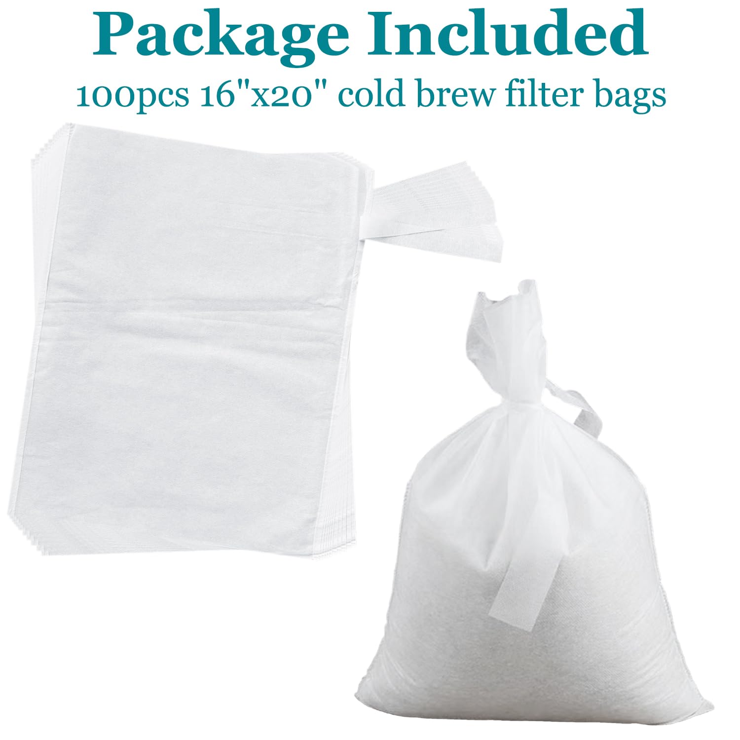 Yzurbu 100pcs 16''x20'' Cold Brew Coffee Filter Bags, No Mess Disposable Filter Bag with Straps for Coffee Shop 5-Gallon Systems