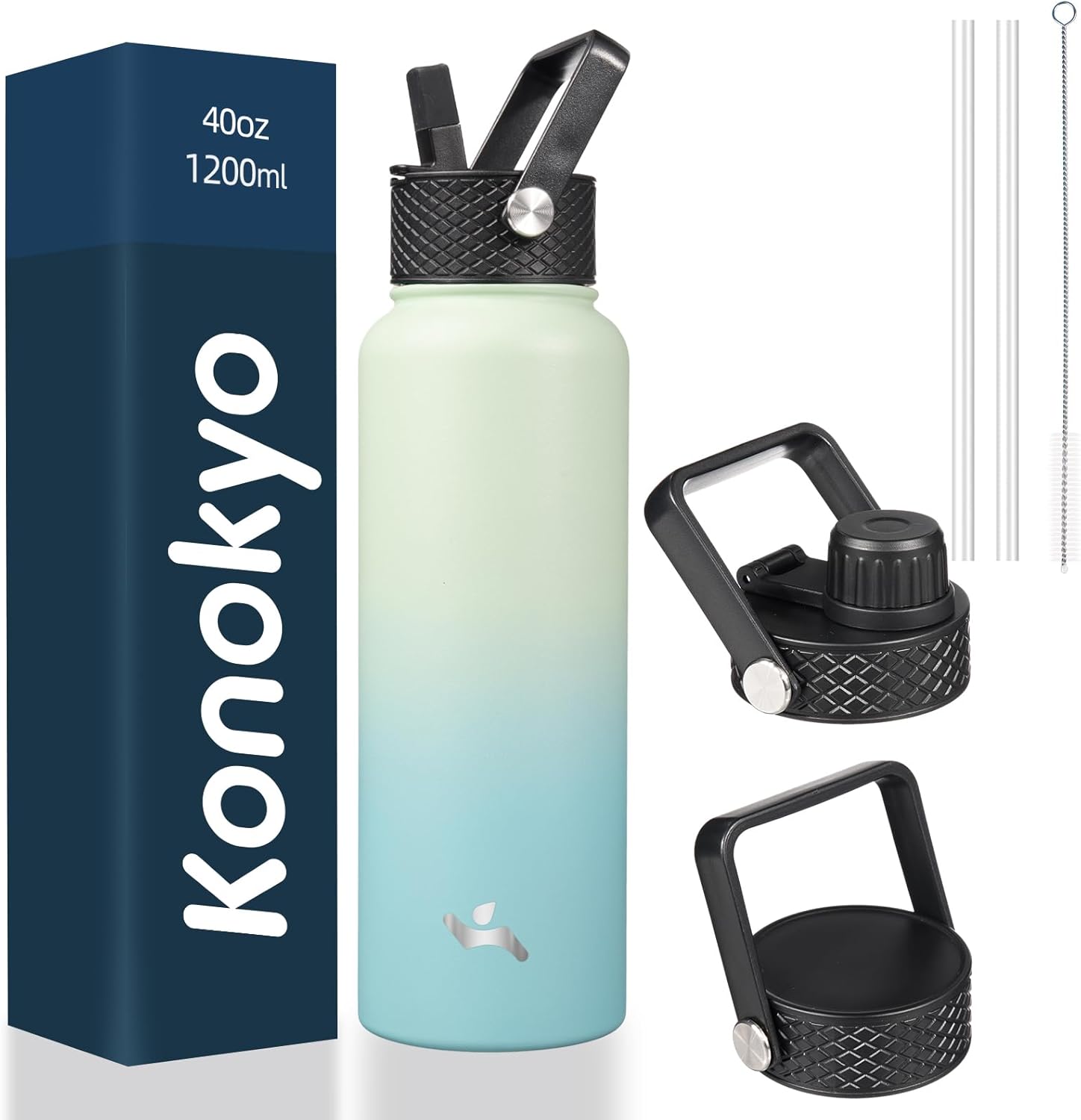 Skiennix 40oz Insulated Stainless Steel Water Bottle - Durable Sport Bottle with 3 Lids | Mint Color