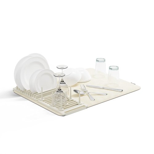 Umbra Udry Dish Rack with Movable Pegs and Microfiber Drying Mat – Space-Saving Design Folds Up for Easy Storage, Basic Rack, Linen