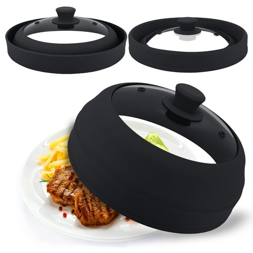 Microwave Splatter Cover Glass,10.5 Inch Collapsible Microwave Cover for Food Glass, Silicone Vented Splatter Guard Lid, Silicone Dish Plate Cover, Dishwasher Safe, Heat Resistant, BPA-Free, Black