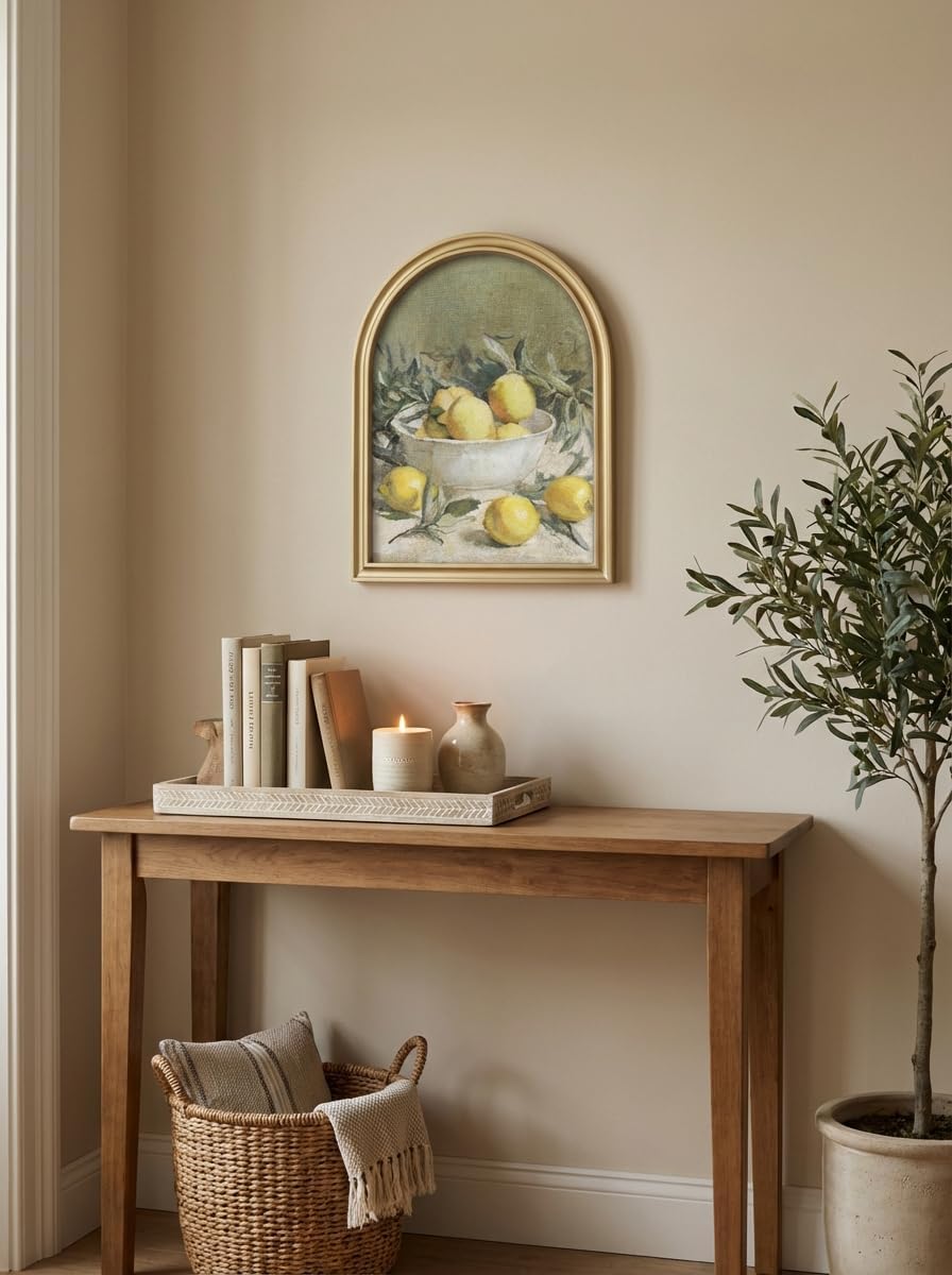 TwoDays Vintage Rustic Lemon Wall Art - Gold Arched Wood Frame Canvas Picture for Kitchen & Dining (11" x 13.8")