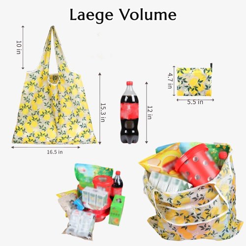 Foldable Reusable Shopping Bags, Large Sustainable Grocery Bag, Durable Foldable Tote, Washable Cloth Bags with Handles (Light style (fruit and plants))