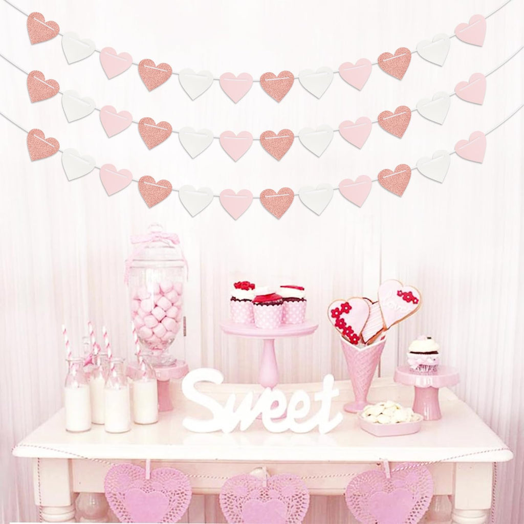 Rose-Gold Light Pink-White Party-Decorations Heart-Garland - 40ft Valentines Glitter Streamers Banner,Galentines Women Romantic Special Night Wedding Bachelorette Birthday Backdrop Decor Burgleda