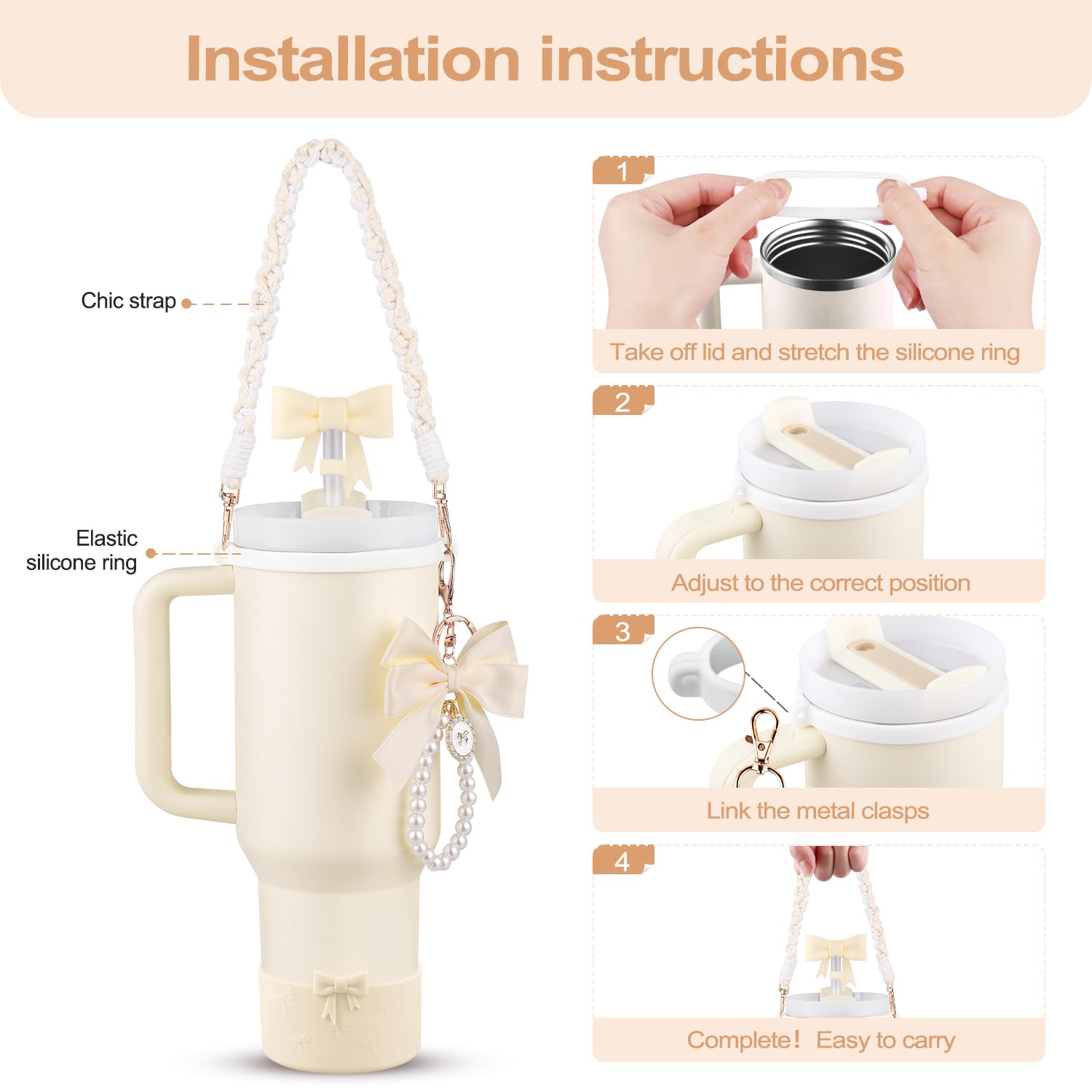 Stanley Cup Accessories Set for 40oz & 30oz,0.4in Silicone Straw Cover, Cute Charm,Handle Strap,Cup Ring,Plush Pendant,Stanley Boot,Heart Buttons for Tumbler (White)