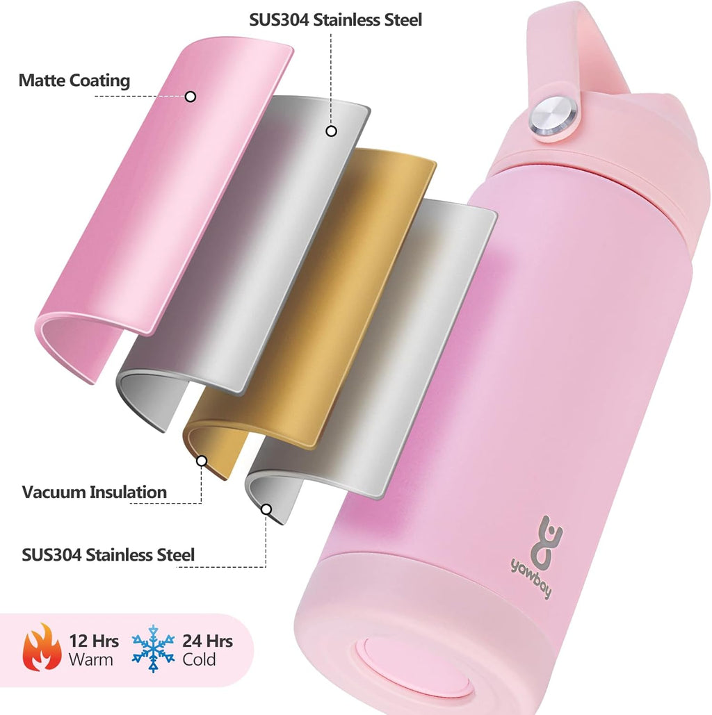 Skiennix 18oz Kids Insulated Water Bottle - Leak Proof Straw Lid & Silicone Handle | Light Pink