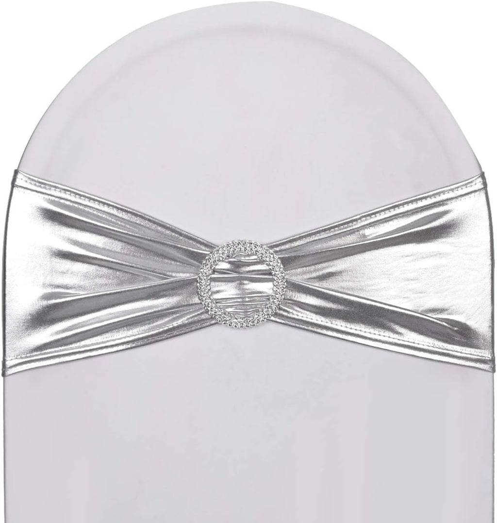 Skiennix Metallic Silver Stretch Chair Sashes - Durable Spandex Fitted Bows for Weddings & Events | 10 Pack
