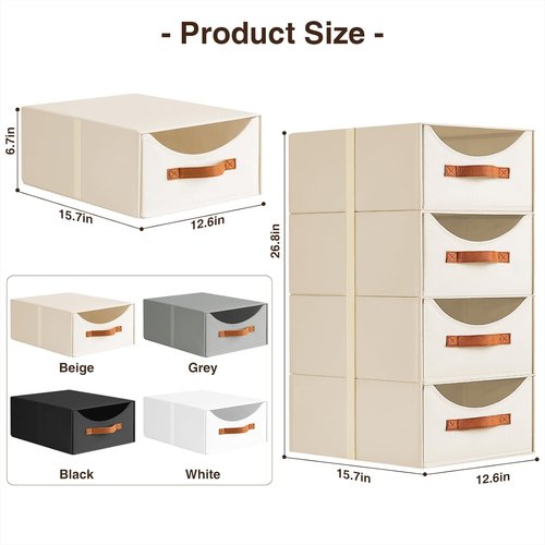 Homsorout Stackable Storage Drawers - Large Collapsible Bins for Closet Organization | 4-Pack Light Beige